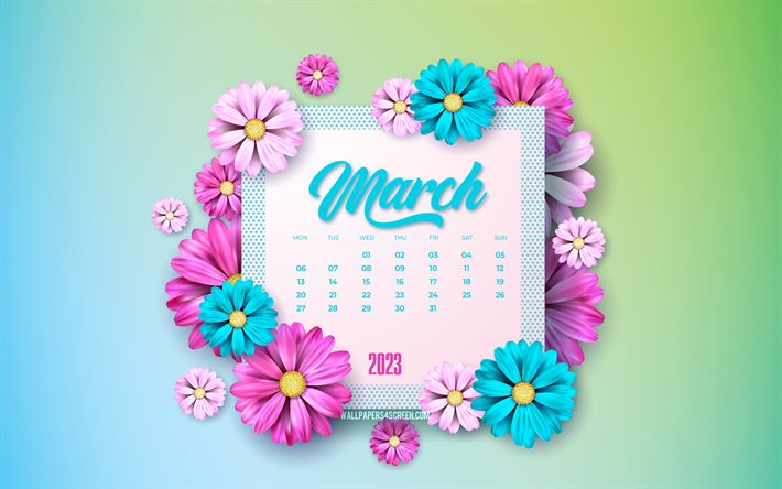 4k, kalender märz 2023, blaue lila frühlingsblumen, grün blauer hintergrund, blumenmuster, marsch, frühlingskalender 2023, 2023 konzepte