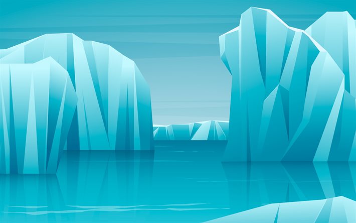icebergs, paysage d'hiver abstrait, paysage d'hiver de polygone, icebergs abstraits, paysage océanique, fond d'hiver abstrait, hiver