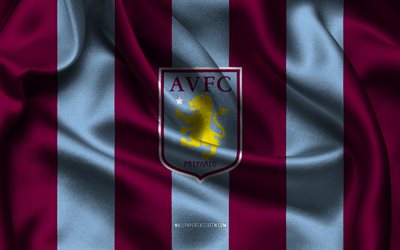 4k, Aston Villa FC logo, blue burgundy silk fabric, English football team, Aston Villa FC emblem, Premier League, Aston Villa FC, England, football, Aston Villa FC flag