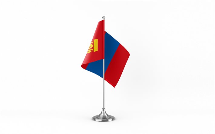 4k, bandiera da tavolo della mongolia, sfondo bianco, bandiera della mongolia, bandiera della mongolia sul bastone di metallo, simboli nazionali, mongolia