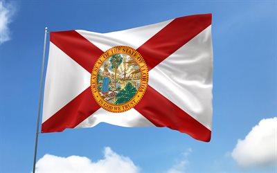 Florida flag on flagpole, 4K, american states, blue sky, flag of Florida, wavy satin flags, Florida flag, US States, flagpole with flags, United States, Day of Florida, USA, Florida