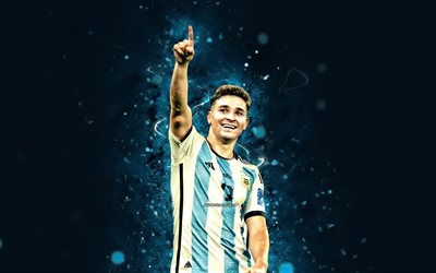 Julian Alvarez, 4k, 2022, blue neon lights, Argentina National Football Team, soccer, footballers, blue abstract background, Argentinean football team, Julian Alvarez 4K