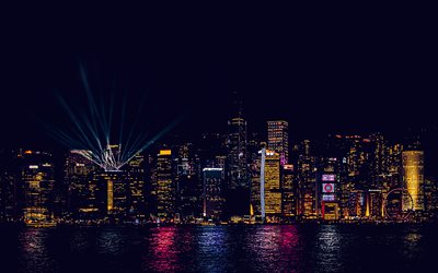 hong kong, 4k, yömaisemat, moderneja rakennuksia, kiinalaiset kaupungit, kiina, aasia, siluetin kaupunkimaisemia, kaupunkikuvaa, hongkongin panoraama