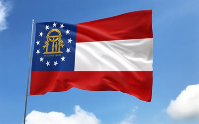 علم جورجيا على سارية العلم, 4k, الولايات الأمريكية, السماء الزرقاء, علم جورجيا, أعلام الساتان المتموجة, الولايات المتحدة, سارية العلم مع الأعلام, يوم جورجيا, الولايات المتحدة الأمريكية, جورجيا