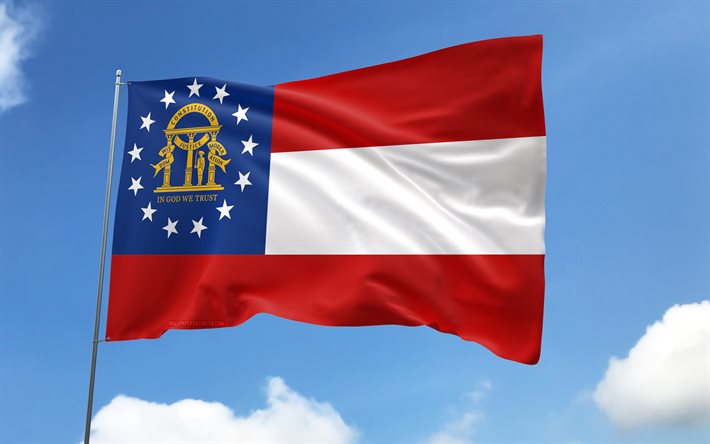 bandeira da geórgia no mastro, 4k, estados americanos, céu azul, bandeira da geórgia, bandeiras de cetim onduladas, mastro com bandeiras, estados unidos, dia da geórgia, eua, geórgia