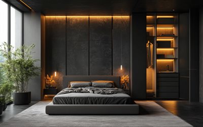 loft dans la chambre, mur de béton noir, style loft, design d'intérieur moderne, chambre à coucher, meubles noirs dans la chambre