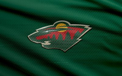 minnesota wild fabric  logo, 4k, vihreä kangas tausta, nhl, bokeh, jääkiekko, minnesota wild logo, minnesota villi tunnus, amerikkalainen jääkiekkokerho, minnesota wild