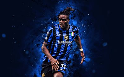 Yann Bisseck, 4k, blue neon lights, Inter Milan FC, Serie A, German footballers, Yann Bisseck 4K, football, soccer, Internazionale, Inter, Yann Bisseck Inter Milan