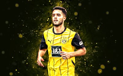 Yan Couto, 4k, yellow neon lights, Borussia Dortmund FC, Bundesliga, Brazilian footballers, Yan Couto 4K, football, soccer, BVB, BV Borussia 09 Dortmund, Yan Couto Borussia Dortmund