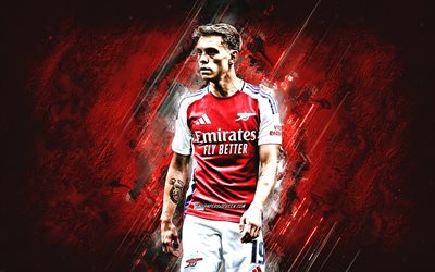 leandro trossard, arsenal fc, belgischer fußballspieler, roter steinhintergrund, grunge  kunst, fußball, premier league, england