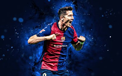 robert lewandowski, 4k, siniset neonvalot, fc barcelona, la liga, puolalaiset jalkapalloilijat, robert lewandowski 4k, jalkapallo, barcelona fc, laliga, fcb, robert lewandowski barcelona