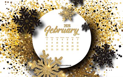 2026 February Calendar, 4k, black gold snowflakes, golden winter background, February 2026 Calendar, 2026 winter calendars, February, 2026 concepts, February Calendar 2026, creative art