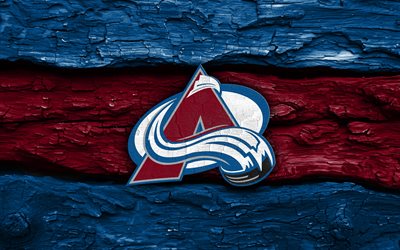 콜로라도 눈사태 나무 로고, 4k, 파란색 빨간색 나무 배경, nhl, 하키, 콜로라도 눈사태 로고, 콜로라도 눈사태 엠블럼, 미국 하키팀, 콜로라도 눈사태