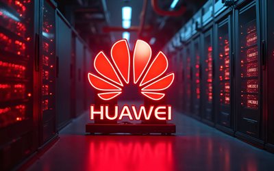 4k, huawein punainen neonlogo, luova, elektroniikkamerkit, pimeys, tietokeskuksen telineitä, taideteos, huawei logo, bokeh, tuotemerkkien logo, huawei neon logo, huawei, tuotemerkit, huawei punainen logo