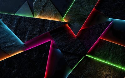 4k, luces de neón de colores, oscuridad, fragmentos de piedra, patrón geométrico fragmentado, creativo, fondo oscuro 3d, obra de arte, fondo abstracto oscuro, formas, fondos 3d, rayos de neón de colores, patrones de piedra