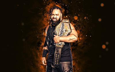Jacob Fatu, 4k, orange neon lights, WWE, creative, american wrestler, Jacob Samuel Fatu, Jacob Fatu with belts, orange abstract background, World Wrestling Entertainment, wrestlers, Jacob Fatu 4K