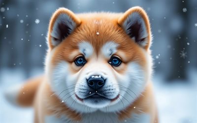 cachorro akita inu, 4k, animales lindos, invierno, bokeh, cachorros, bosque, perros, bozal, akita inu, mascotas, perro en el bosque, perro akita inu