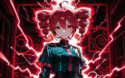 4k, kasane teto, obra de arte, relâmpagos vermelhos, vocalóide, olhos vermelhos brilhantes, cabelo ruivo, escuridão, vocalóide 0401, teto kasane, personagens vocalóides, kasane teto vocaloid