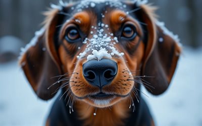 perro tejonero, 4k, de cerca, invierno, bokeh, bosque, perros, bozal, animales lindos, mascotas, perro en el bosque, perro salchicha