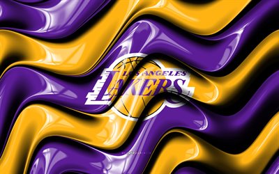 los angeles lakers 3d logotyp, 4k, violettgula 3d vågor, nba, basketboll, los angeles lakers flagga, los angeles lakers logotyp, los angeles lakers emblem, amerikansk basketlag, los angeles lakers, la lakers