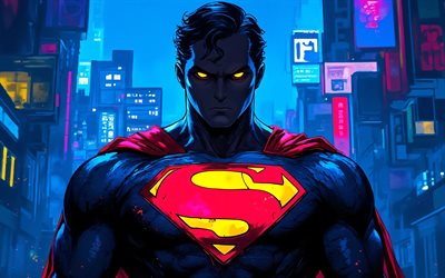 4k, superman, art vectoriel, nuit, yeux jaunes, marvel bandes dessinées, super héros, dessins de superman, art abstrait, superman 4k