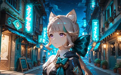 lynette, 4k, noche, calle, impacto de genshin, luces de neón, personajes de anime, lynn, netti, lina, personajes de impacto de genshin, impacto de lynette genshin