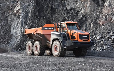 Develon DA45, articulated dump truck, Doosan Moxy DA45, front view, exterior, dump truck, construction equipment, Doosan