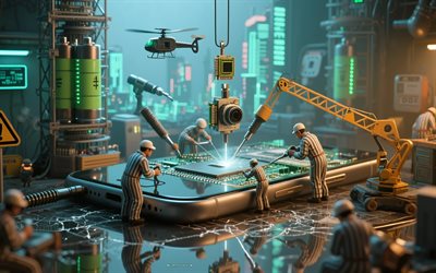 Smartphone repair concepts, repairmen repairing smartphones, smartphone camera replacement, repair concepts, smartphone