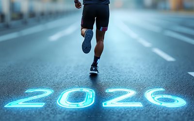 2026 neujahr, 2026 blaue neonzahlen, vorwärts bis 2026, läufer mit 2026 nummern, 2026 auf der asphaltstraße, 2026 frohes neues jahr