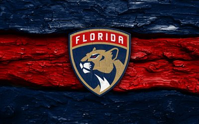 logotipo de madera de los florida panthers, 4k, fondo de madera rojo azul, nhl, hockey, logotipo de los panteras de florida, emblema de los panthers de florida, equipo de hockey americano, panteras de florida