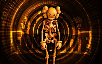 Orange KAWS Skeleton Fortnite, 4k, orange spiral background, Fortnite, creative, Orange KAWS Skeleton Skin, Fortnite Orange KAWS Skeleton Skin, Orange KAWS Skeleton, Fortnite characters