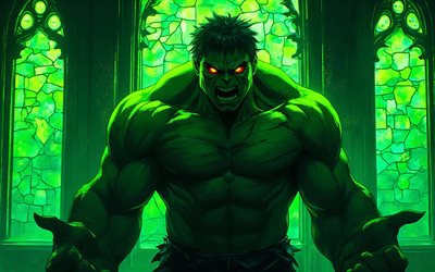 4k, Angry Hulk, stained glass windows, night, superheroes, vector art, Marvel Comics, Hulk, Incredible Hulk, artwork, Hulk art, fan art, Hulk 4K