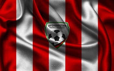 4k, logo della nazionale di calcio dell'afghanistan, tessuto di seta bianco rosso, emblema della squadra nazionale di calcio dell'afghanistan, nazionale di calcio dell'afghanistan, afghanistan, calcio, segno della squadra nazionale di calcio dell'afghanistan