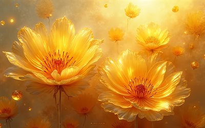 رسمت الزهور الصفراء, 4k, خلفية صفراء مع الزهور, خلفيات الأزهار, زهور صفراء, رسومات زهرة, خلفية الأزهار الصفراء