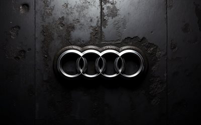 Audi logo, black metal grunge background, Audi emblem, Audi sign, black background, grunge art, Audi, 3D metal Audi logo