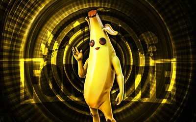 peely fortnite, 4k, fond spirale jaune, fortnite, créatif, peau qui pèle, peau fortnite peely, peely, personnages fortifiés
