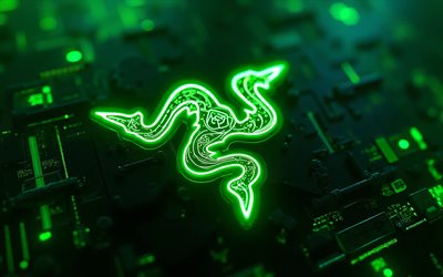 4k, Razer green neon logo, creative, green hi-tech background, microcircuits, bokeh, conductors, electronics brands, Razer logo on microcircuit, brands, Razer neon logo, artwork, Razer logo, Razer