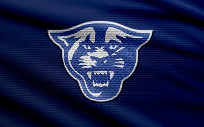 georgia state panthers 패브릭 로고, 4k, 블루 패브릭 배경, ncaaf, 보케, 미식 축구, 조지아 주립 팬더스 로고, ncaa, 조지아 주립 팬더스 엠블럼, 태양 벨트, 조지아 주립 팬더스