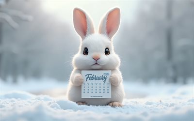 calendrier de février 2026, lapin moelleux avec calendrier, joli lapin moelleux, paysage d'hiver, février, lapin blanc moelleux, calendriers 2026