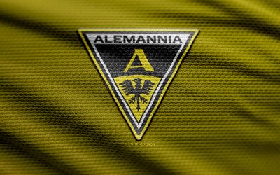 알레마니아 아헨 패브릭 로고, 4k, 노란색 패브릭 배경, 3 리가, 보케, 축구, 알레마니아 아헨 로고, 알레마니아 아헨 엠블럼, 알레마니아 아헨, 독일 축구 클럽, 알레마니아 아헨 fc