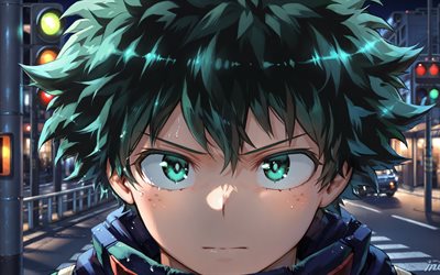 izuku midoriya, 4k, noite, academia do meu herói, rua, deku, retrato, obra de arte, boku no hero academia, midoriya izuku, mangá, izuku midoriya my hero academia