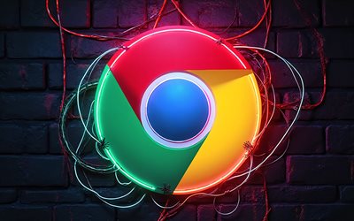 4k, neon logo von google chrome, dunkelheit, kreativ, schwarzer brickwall hintergrund, marken, drähte, internetbrowser, google chrome logo, google chrome 3d logo, google chrome