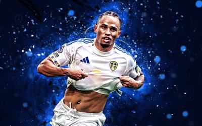 Noah Okafor, 4k, blue neon lights, Leeds United, Premier League, Swiss footballers, Noah Okafor 4k, football, soccer, Leeds United FC, Noah Okafor Leeds United