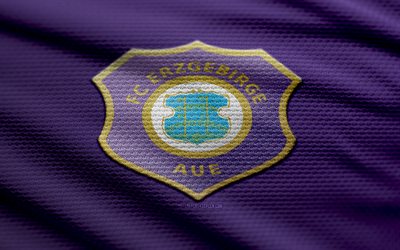 FC Erzgebirge Aue fabric logo, 4k, violet fabric background, 3 Liga, bokeh, soccer, FC Erzgebirge Aue logo, football, FC Erzgebirge Aue emblem, FC Erzgebirge Aue, german football club, Erzgebirge Aue FC