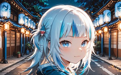4k, gawr gura, japanilaiset lyhdyt, katu, yö, virtuaalinen youtuber, mukkina, tyttö sinisillä silmillä, hololive, manga, gawr gura  kanava, gawr gura virtuaalinen youtuber