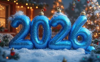 2026 gott nytt år, 4k, vinterlandskap, god jul, gott nytt år 2026, blå julbollar 2026, julkväll, 2026 begrepp, 2026 nyår