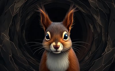 ardilla pintada, 4k, fondo abstracto marrón negro, animales dibujados, obra de arte, arte de la ardilla, animales abstractos, ardilla, animales de dibujos animados, ardillas