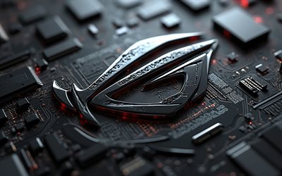 logotipo de metal 3d rog, 4k, república dos jogadores, asus, logotipo da rog, rog, asus rog, fundo de alta tecnologia, sinal rog