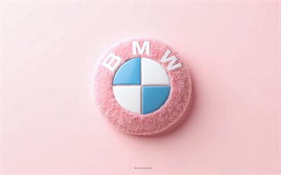 rosa bmw  logotyp, 4k, bmw fluffig plyschlogotyp, rosa bakgrund, bmw emblem, bmw fluffig logotyp, kreativ konst, bmw, bmw  tecken