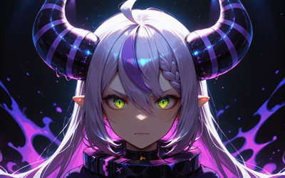 4k, laplus, grüne augen, nacht, virtueller youtuber, violette feuerflammen, hololive, vtuber, lila augen, la darknesss, manga, laplus kanal, virtueller youtuber von laplus